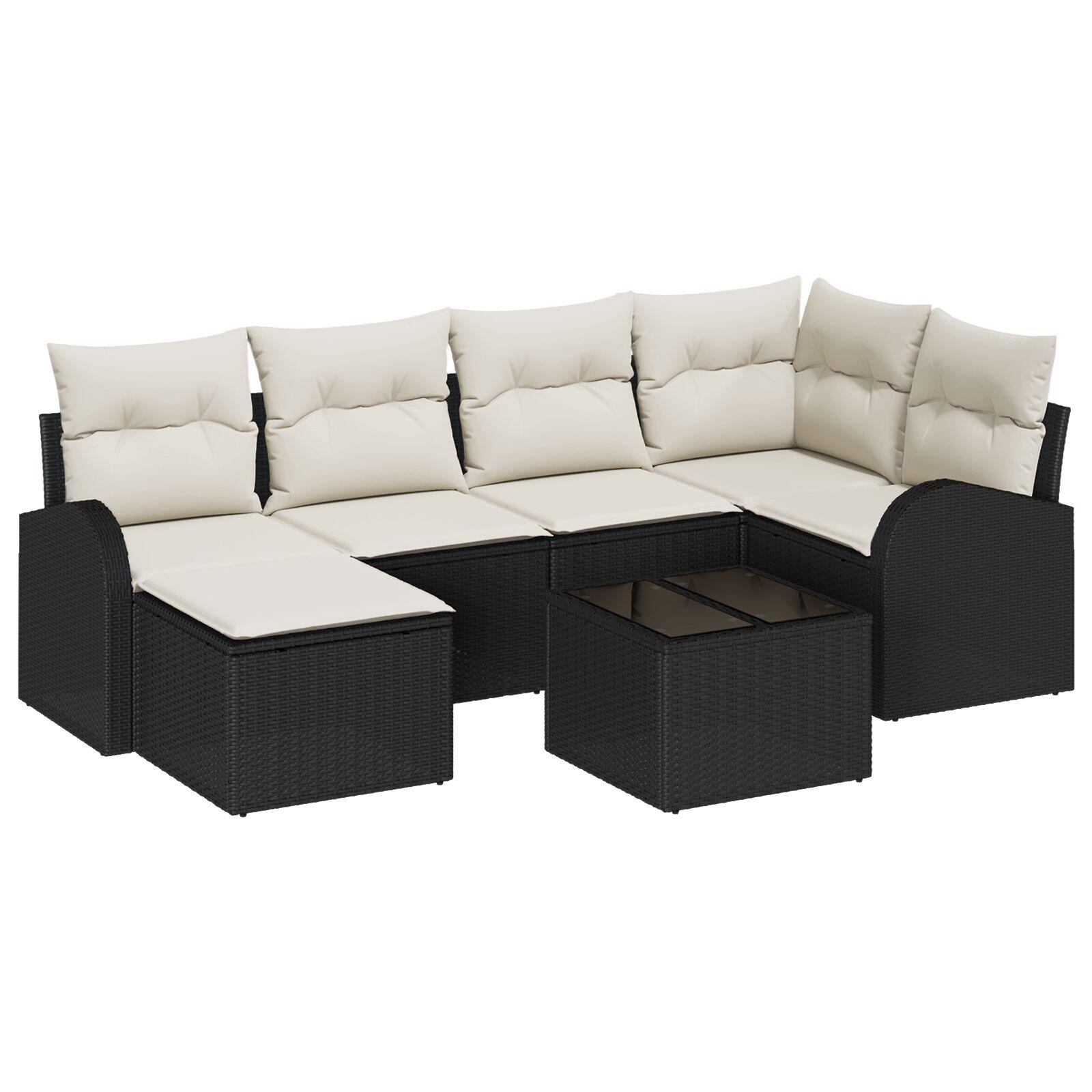 Havesofa Sæt med pude 7 stk Sort og hvid Poly rattan