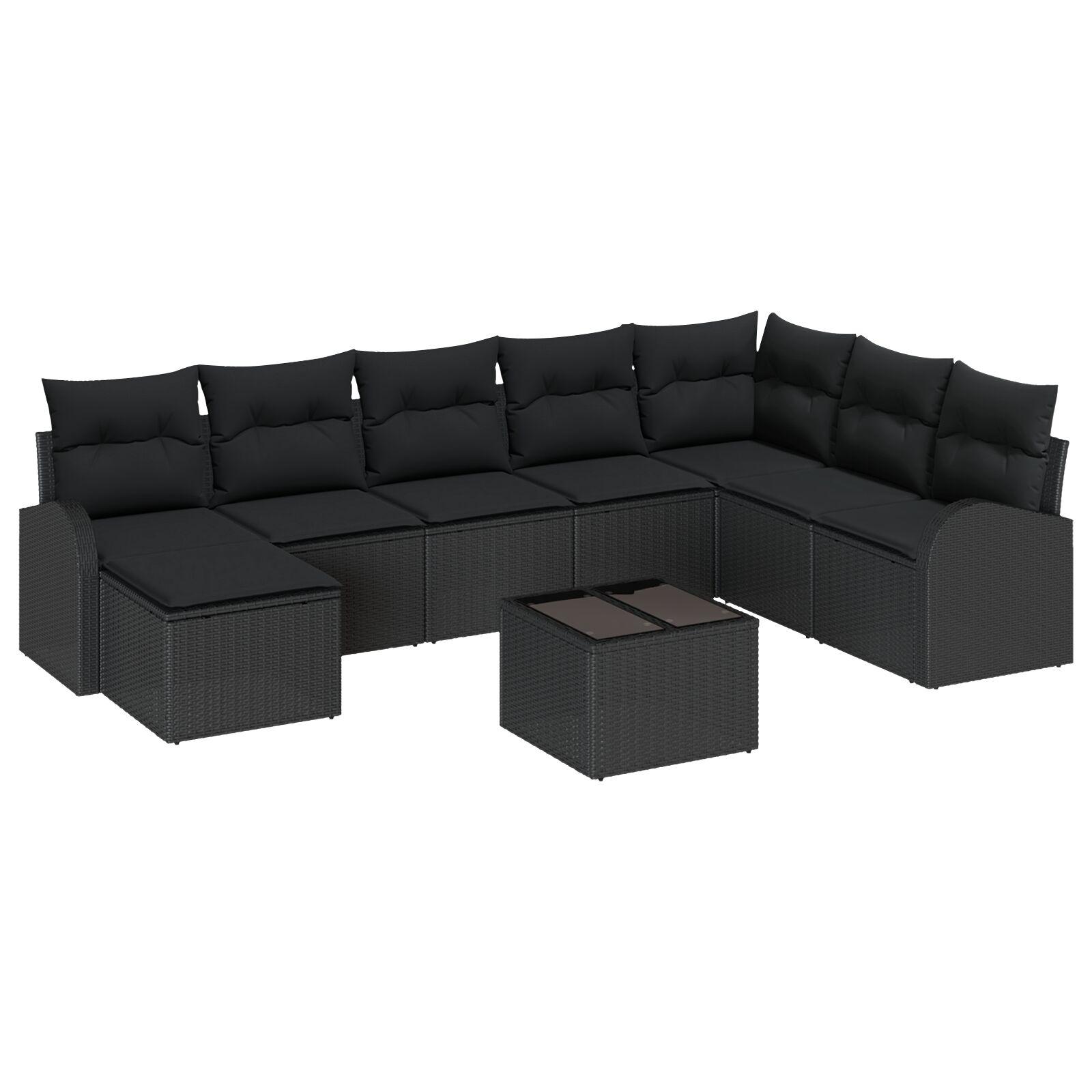 Sofa sæt med puder og opbevaring, 9 dele - sort polyrattan, modulært havemøbelsæt