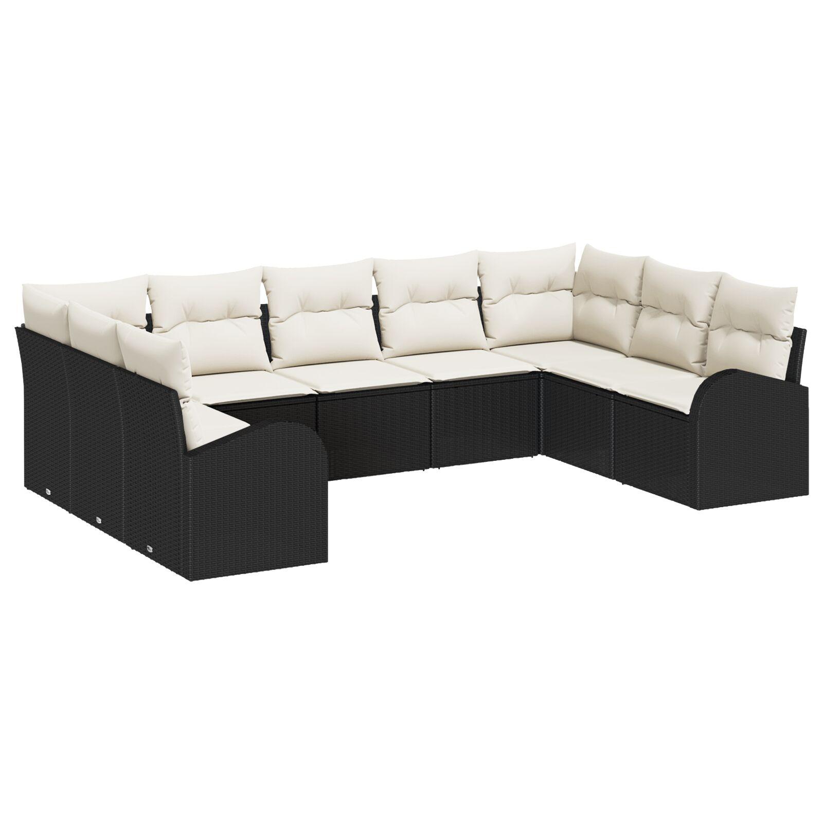 Havesofa Sæt med pude 9 stk Sort og hvid Poly rattan