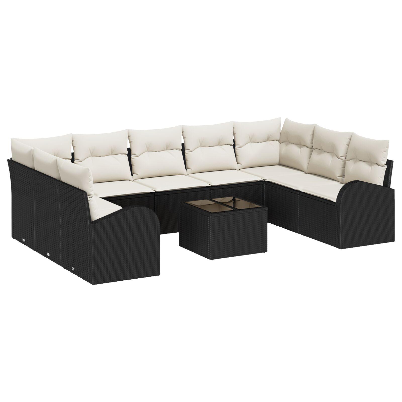 Modulært havesofa-sæt med puder, 10 dele - sort/hvid polyrattan