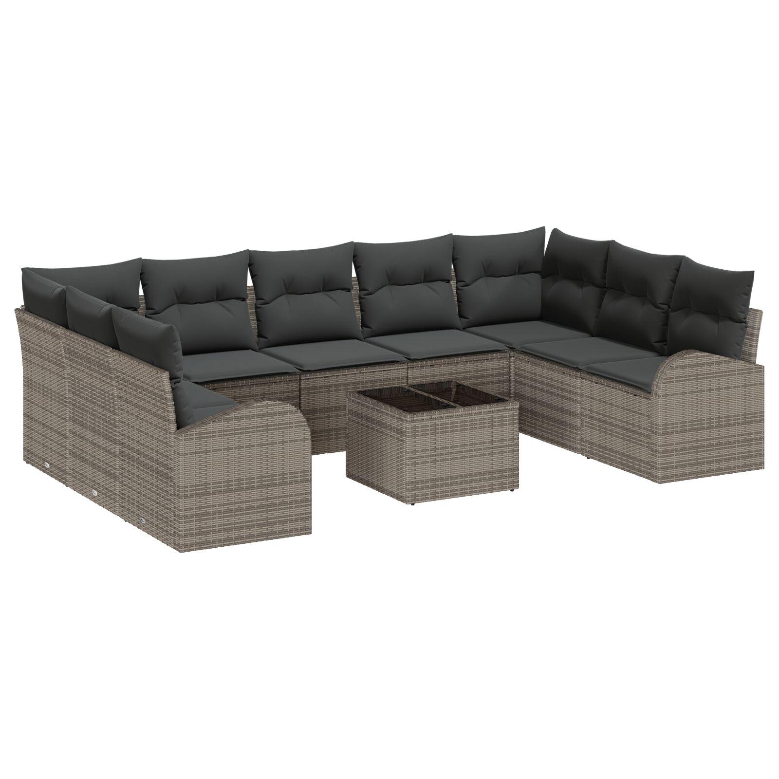 Havesofa sæt i grå polyrattan - modulopbygget loungesæt med puder og bord, 10 dele