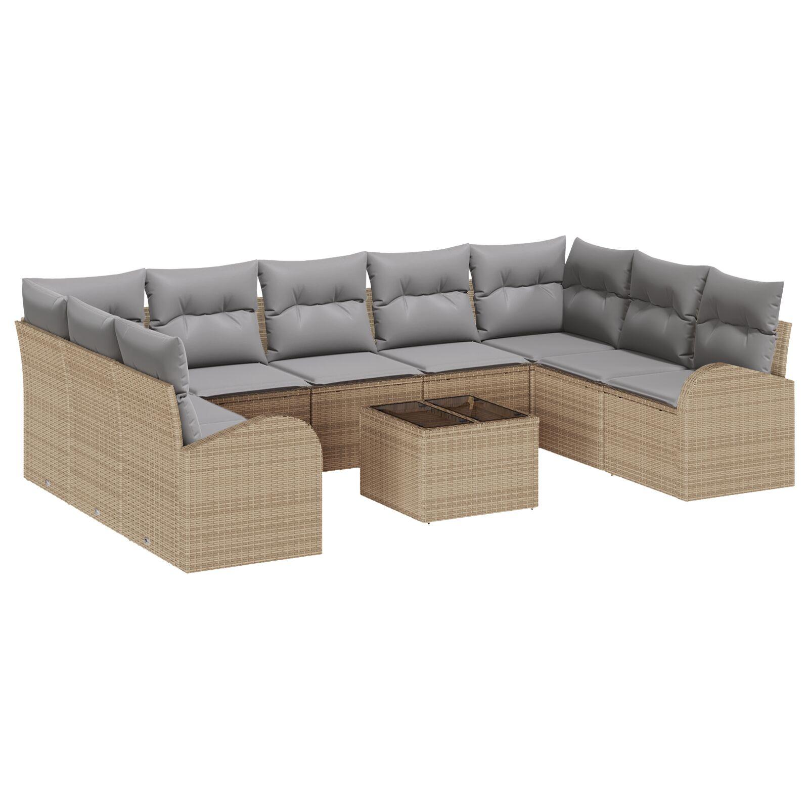 Havesofa-sæt i polyrattan, 10 dele - beige/lysegrå, modulopbygget loungesæt