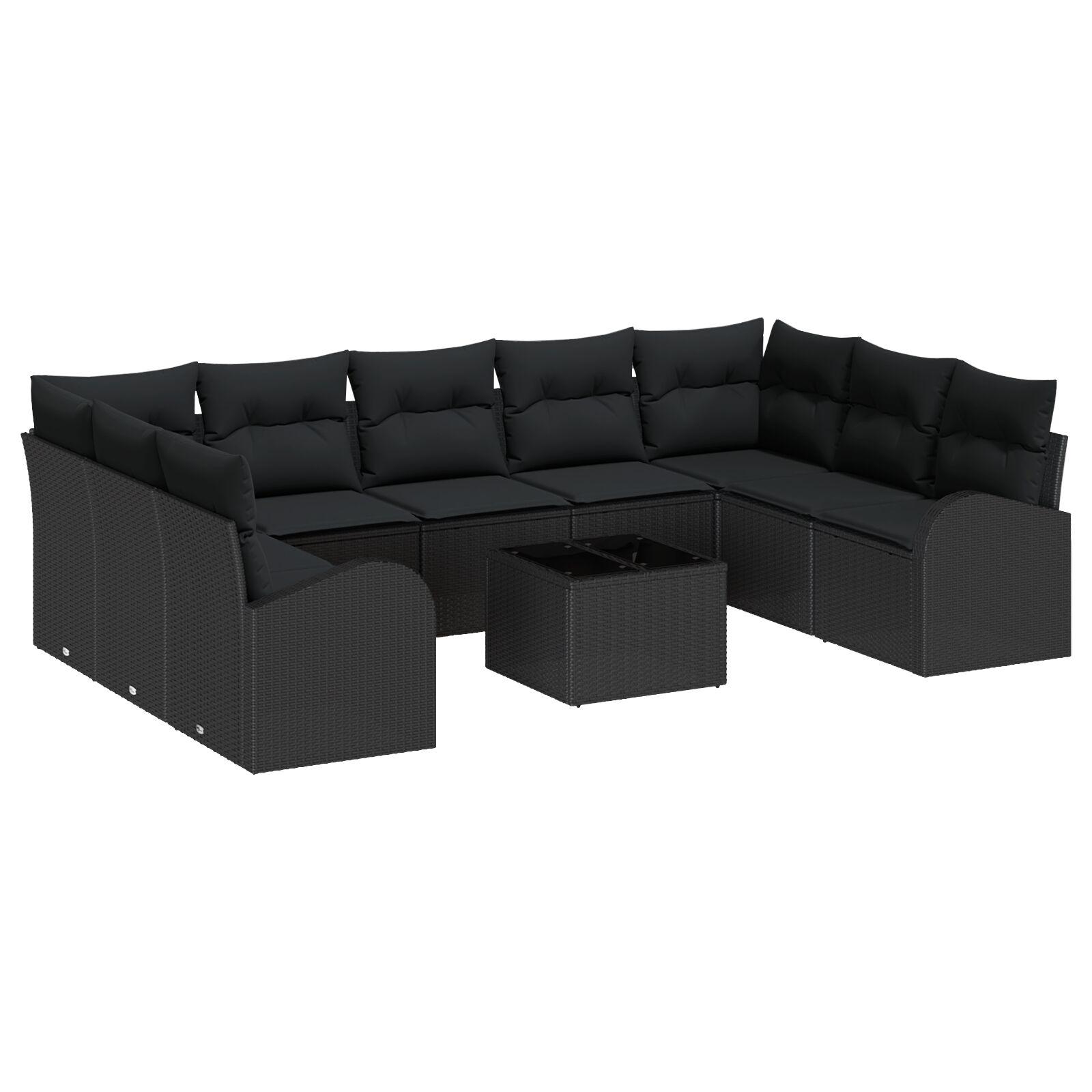 Havesofa sæt i sort polyrattan - modulopbygget loungesæt med puder og opbevaring, 10 dele