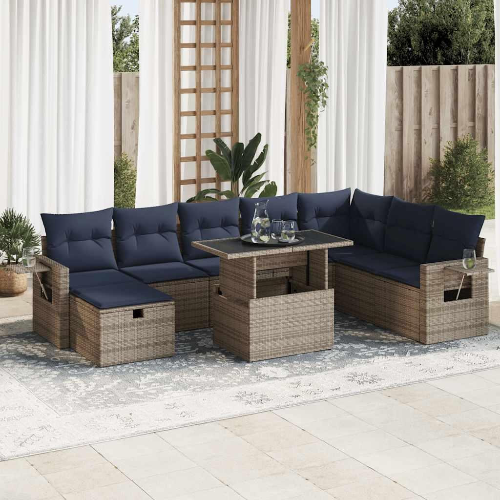 Sofasæt til haven i polyrattan med hynder - 9 dele, grå/marineblå