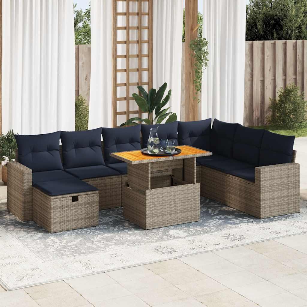 Sofasæt til haven i polyrattan med bord i akacietræ - 9 dele, grå/marineblå hynder