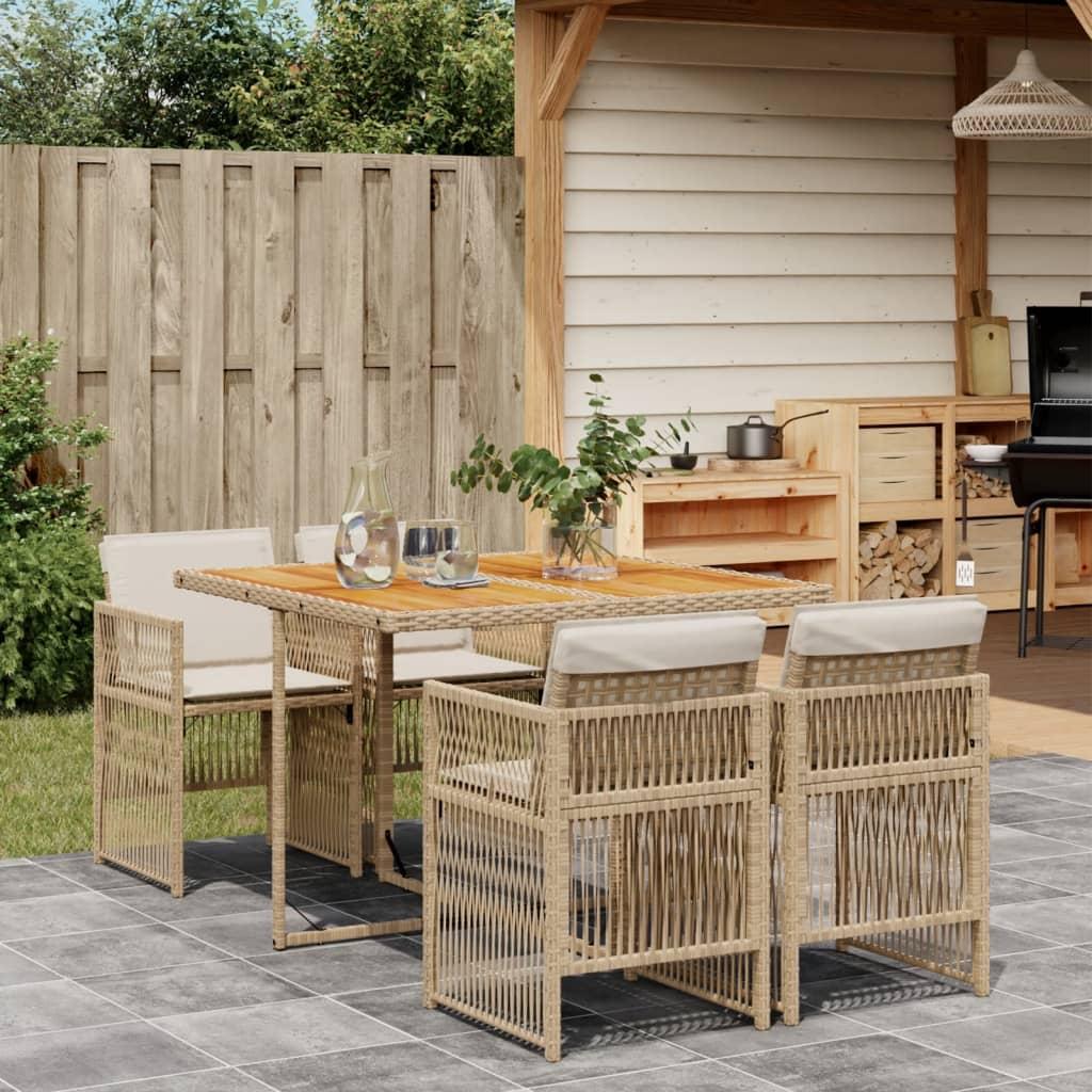 Spisebordssæt til haven 5 dele med hynder polyrattan beige