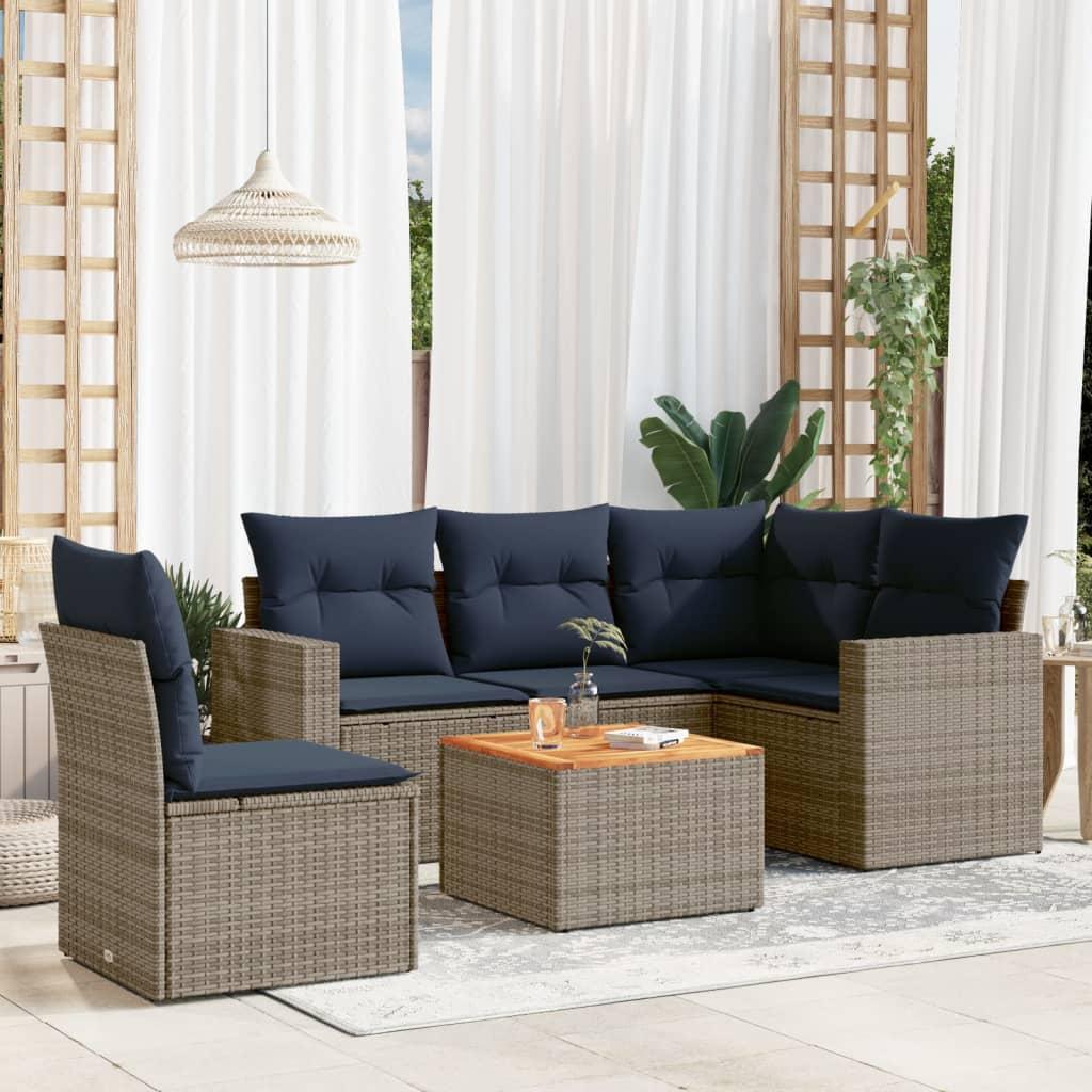 Sofaesæt til Haven 6 Dele med Hynder Polyrattan Grå - hjørnedel + 2x Sofa + 2x midterdel + bord