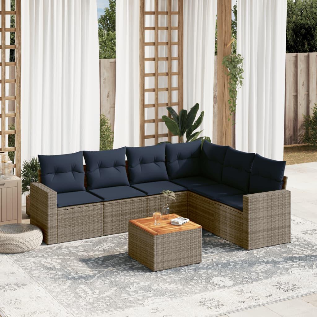 Sofaesæt til Haven 7 Dele med Hynder Polyrattan Grå - hjørnedel + 3x midterdel + 2x Sofa + bord