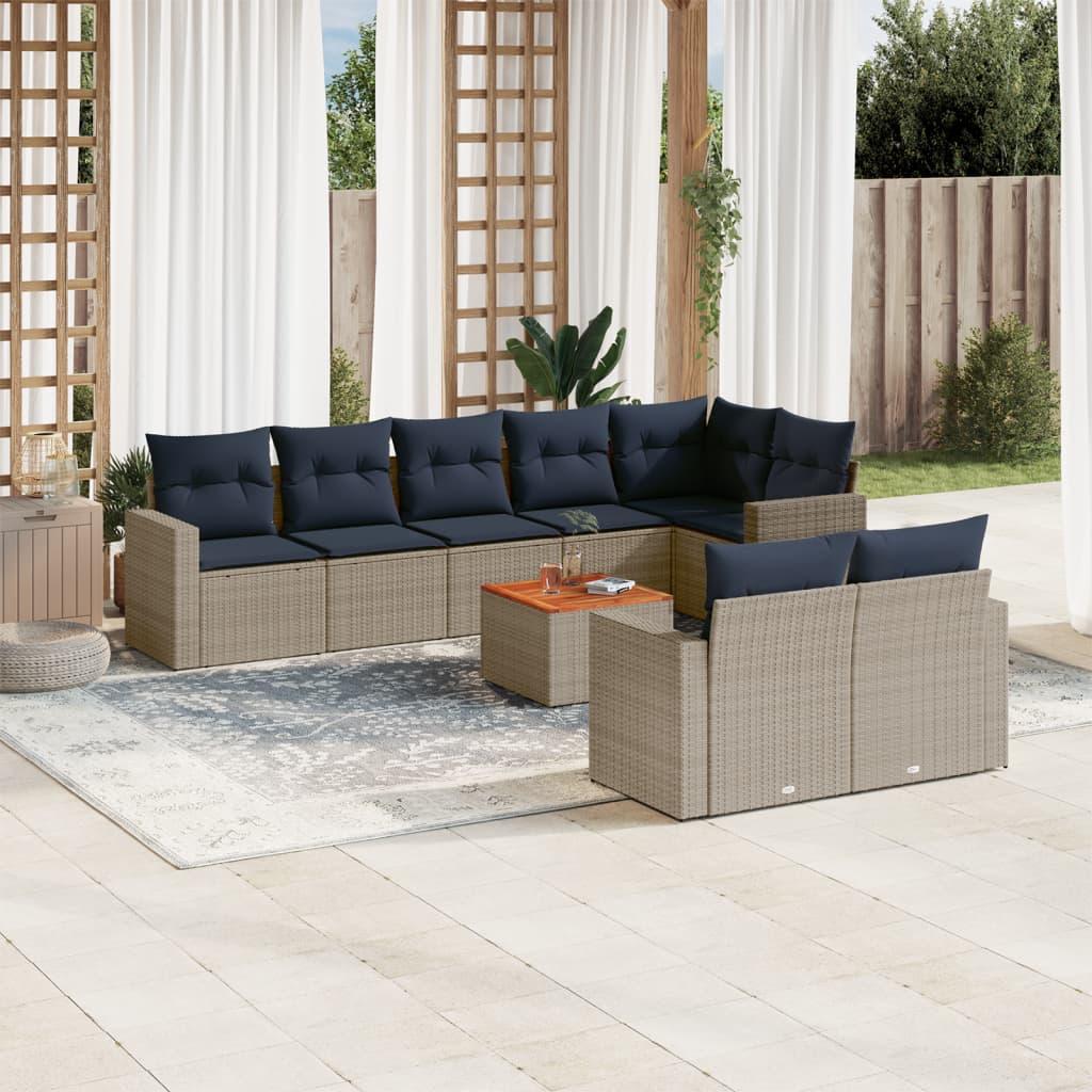 Sofasæt til Haven 9 Dele med Hynder Polyrattan Grå - bord + 3x midterdel + hjørnedel