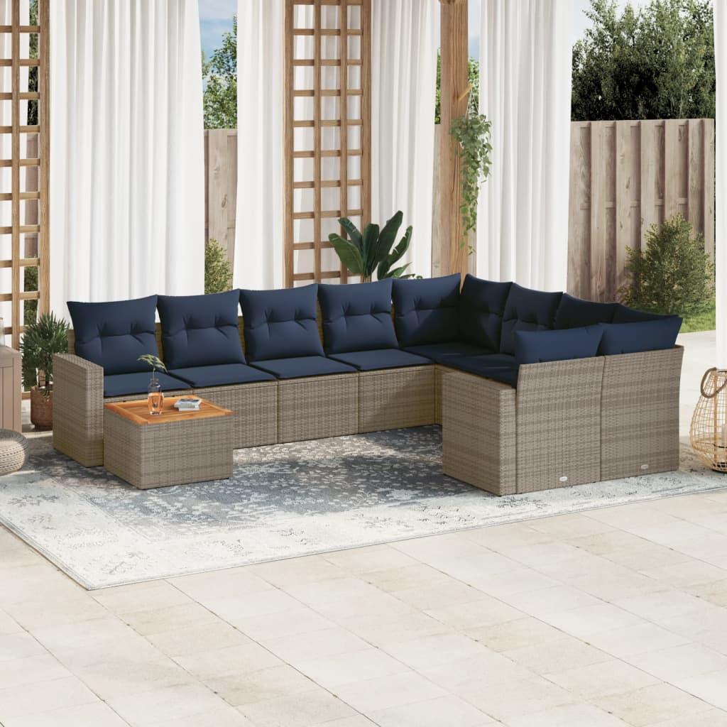 Havesofasæt i polyrattan, 10 dele med hynder - grå/marineblå