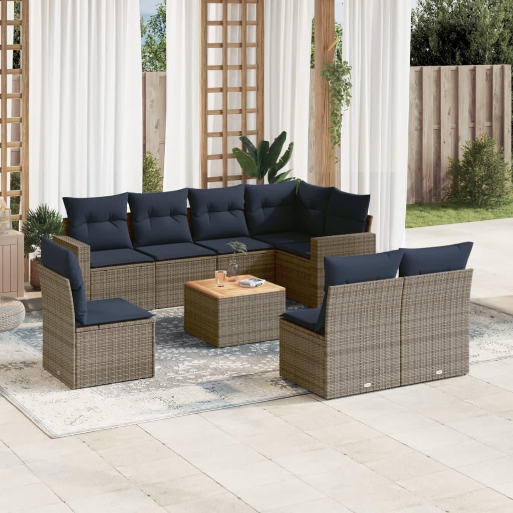Havesofasæt i polyrattan - 9 dele med hynder, grå/marineblå