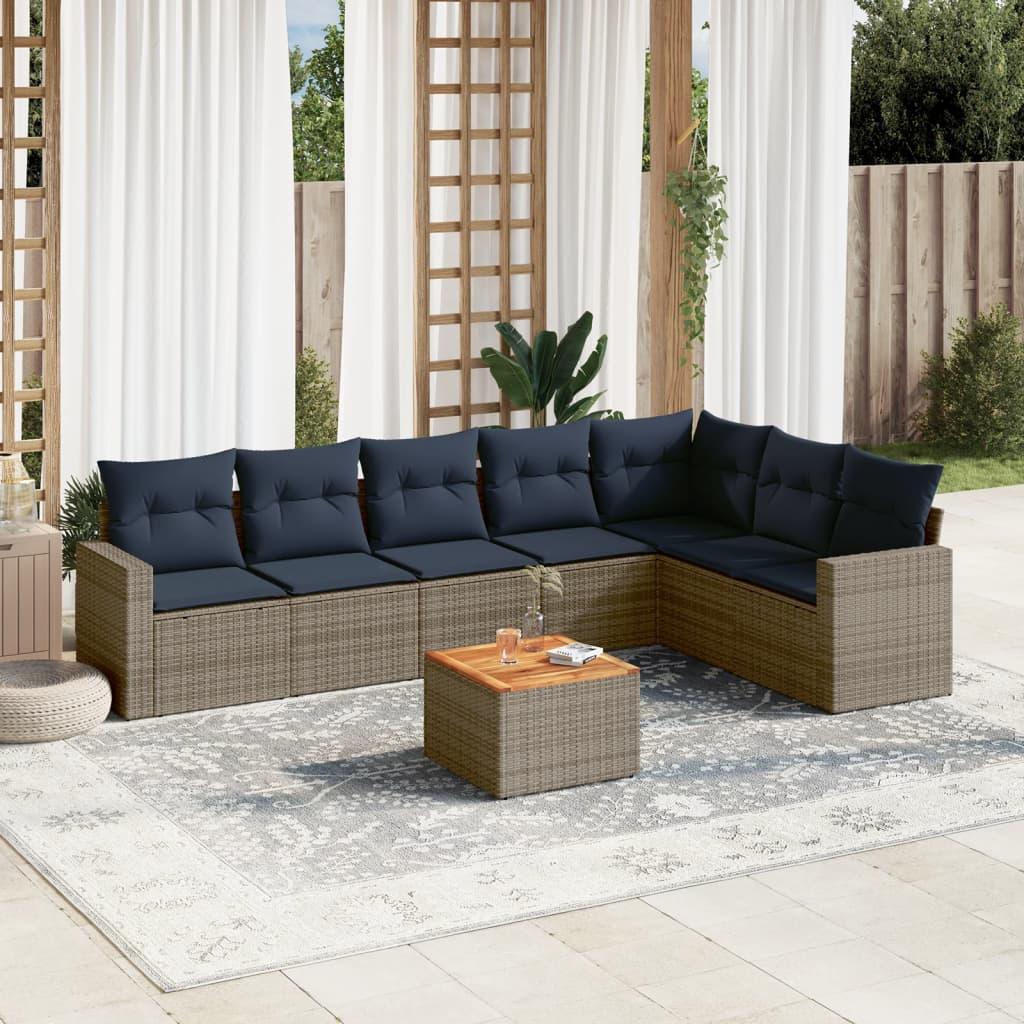 Sofasæt til haven i polyrattan - 8 dele, grå med marineblå hynder