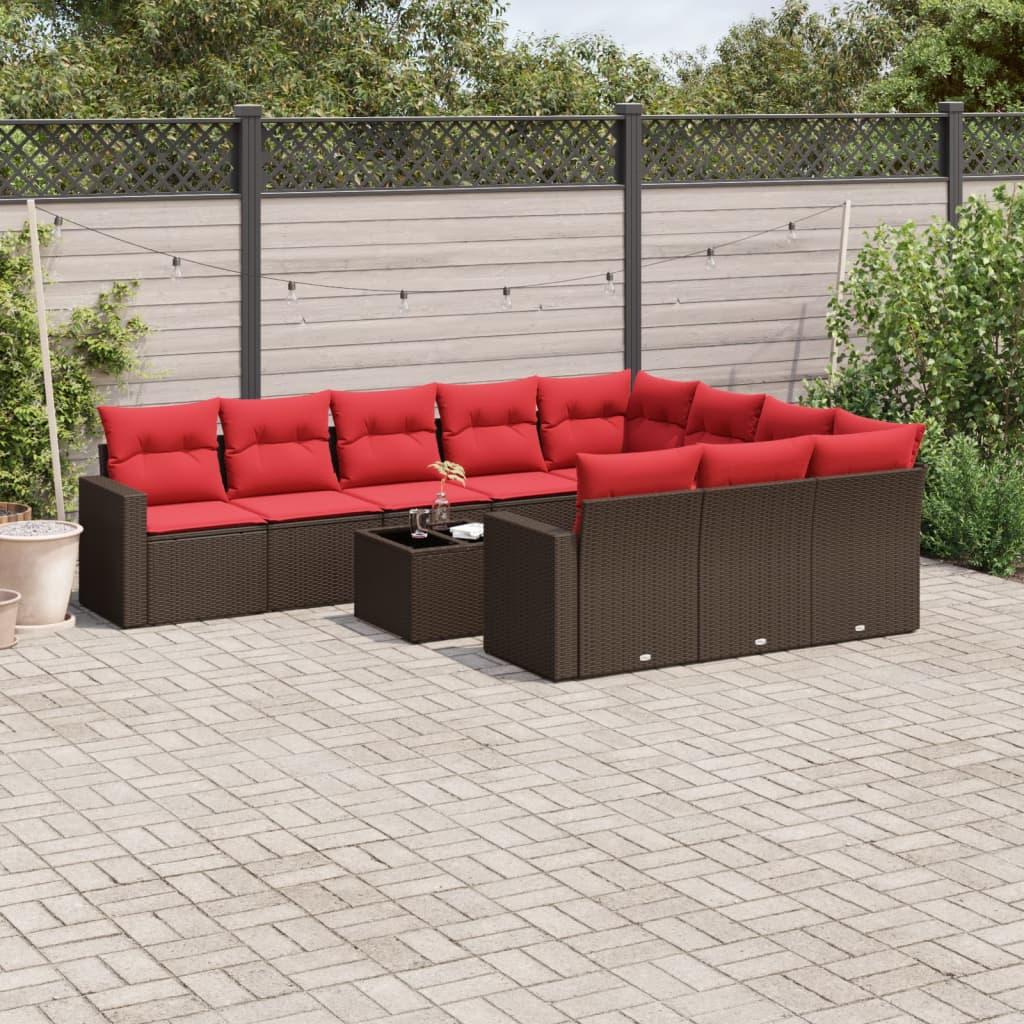 Sofasæt Til Haven 10 Dele Med Hynder Polyrattan Sort - Brun og rød / Med bord