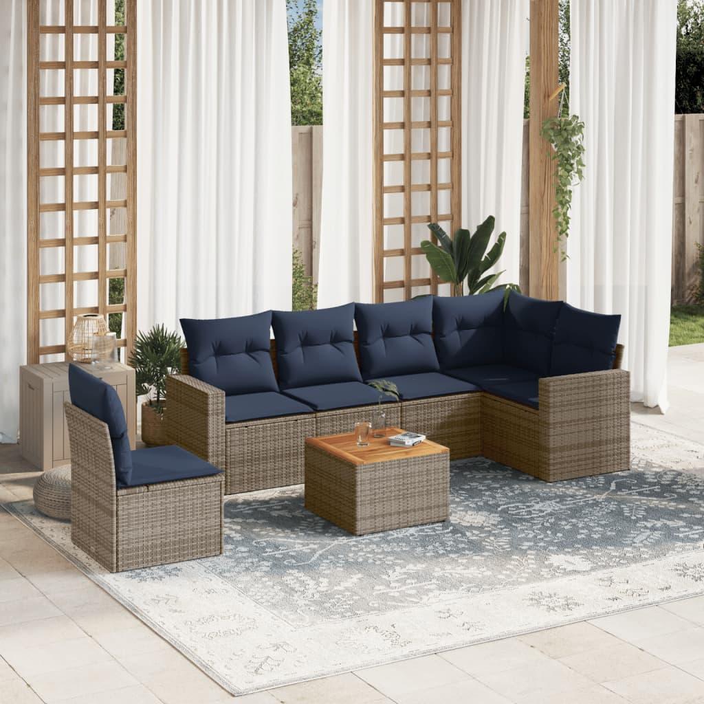 Sofaesæt til Haven 7 Dele med Hynder Polyrattan Grå - hjørnedel + 3x midterdel + bord + 2x Sofa