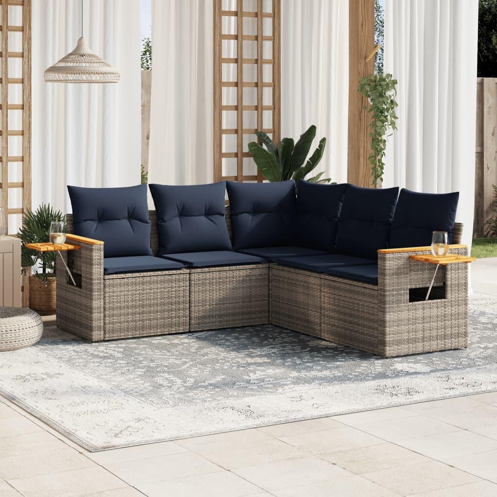 Sofasæt til haven i polyrattan - 5 dele med marineblå hynder, grå