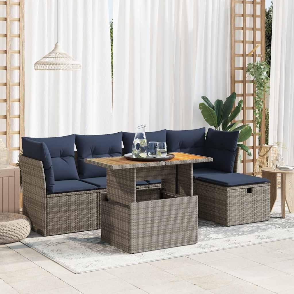 Sofasæt til haven - 6 dele med hynder i polyrattan og akacietræ, grå/marineblå