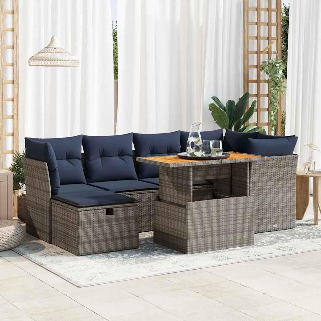 Sofasæt til haven - 7 dele i polyrattan og akacietræ, med blå hynder - sort/grå