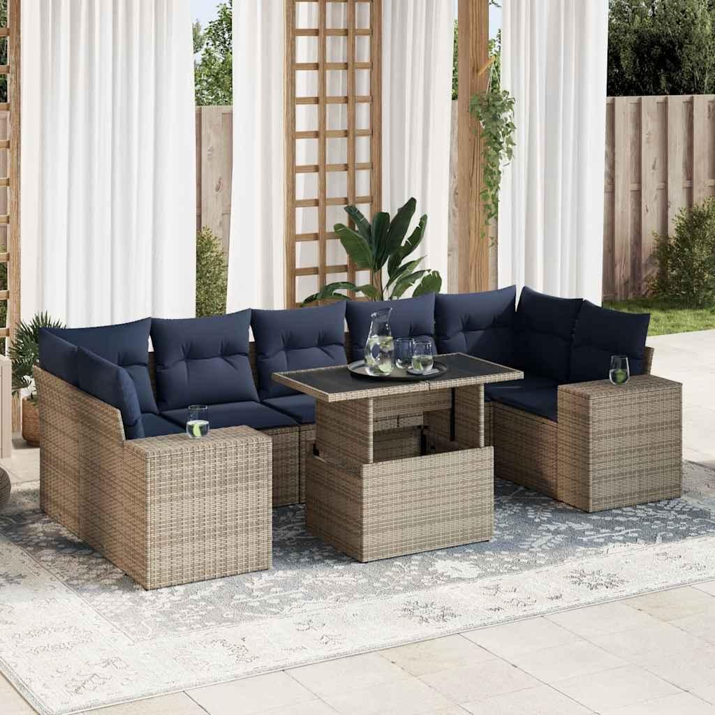 Sofasæt til haven i polyrattan med akacietræ, 8 dele - grå/marineblå
