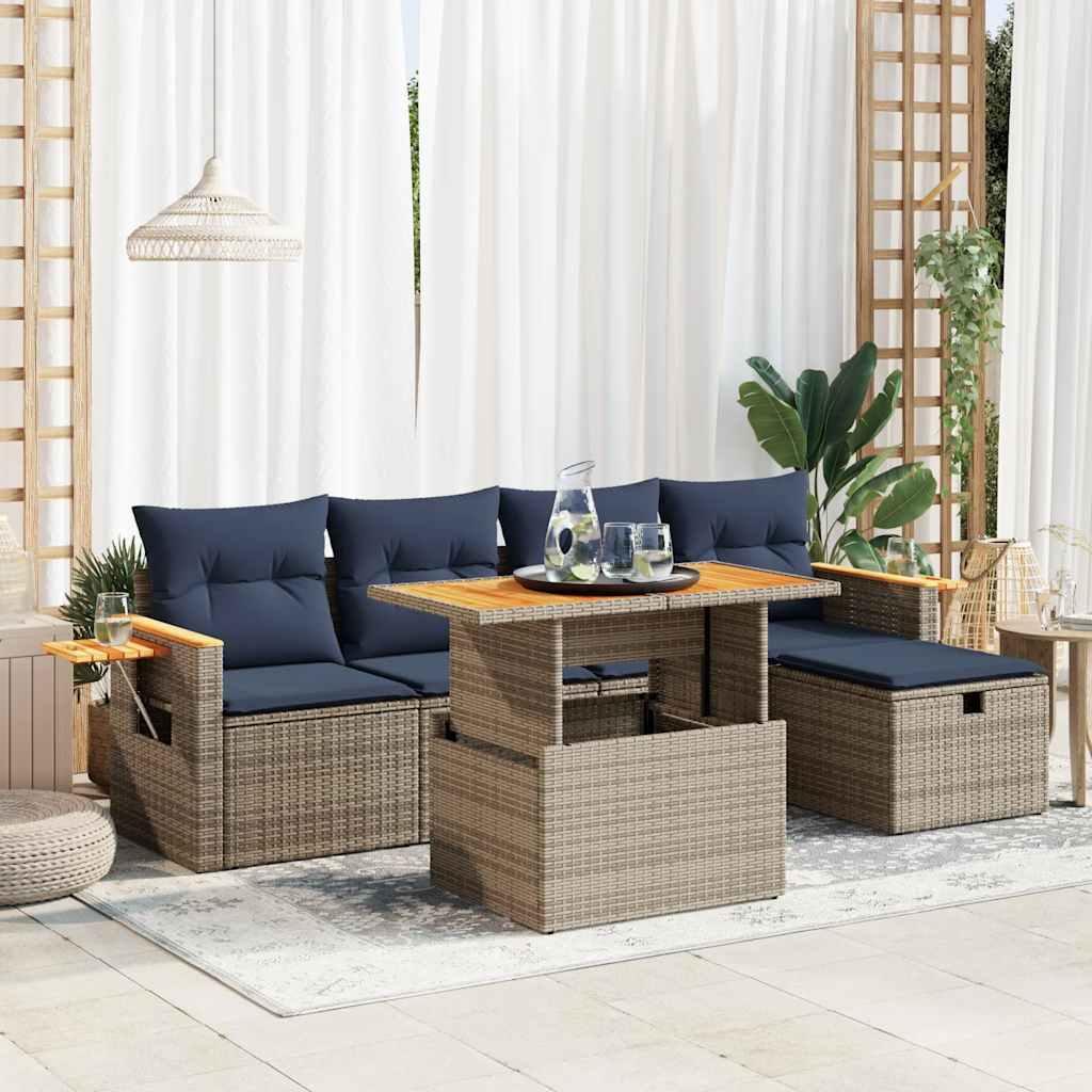 Sofasæt til haven - 6 dele med hynder i polyrattan og akacietræ, grå/marineblå