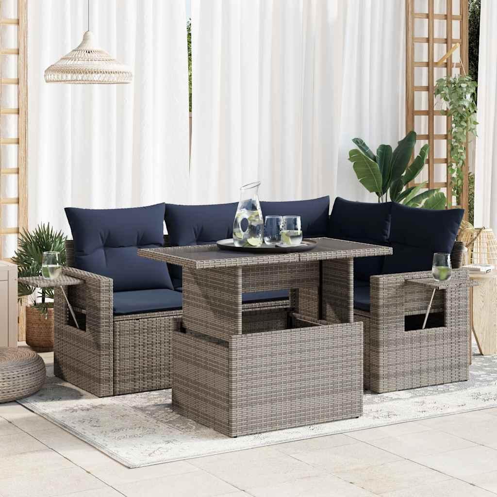 Sofasæt til haven 5 dele med hynder polyrattan akacietræ grå