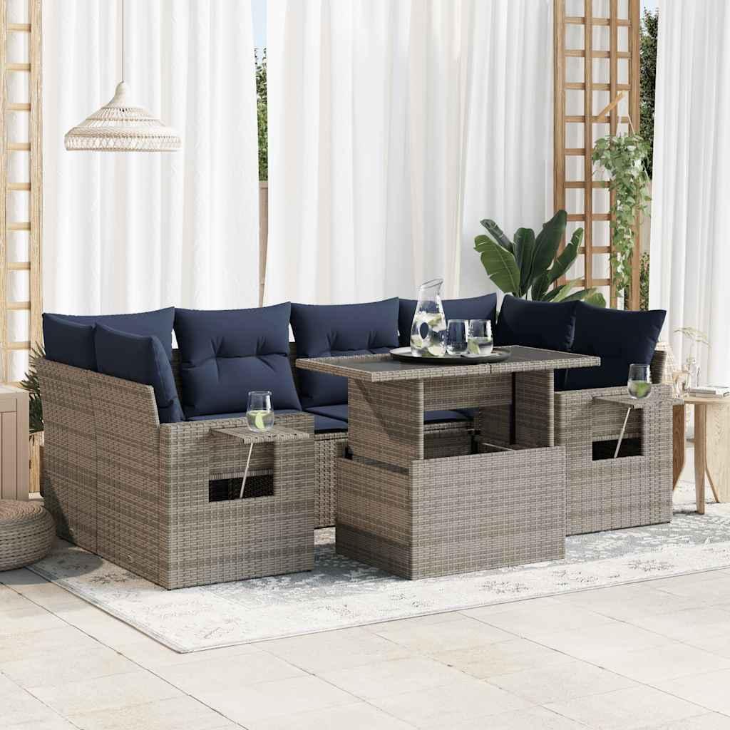 Sofasæt til Haven 7 Dele med Hynder Polyrattan Akacietræ Sort - Grå
