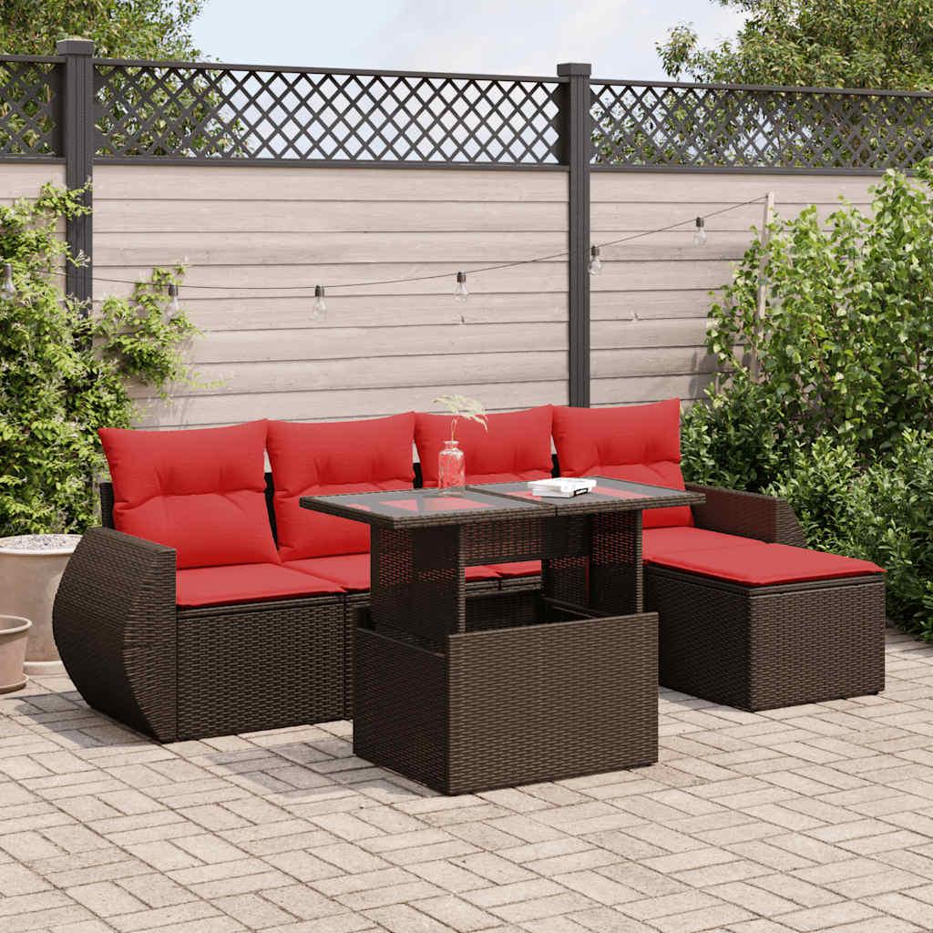 Havesofasæt 6 dele med hynder i polyrattan og akacietræ - brun/rød