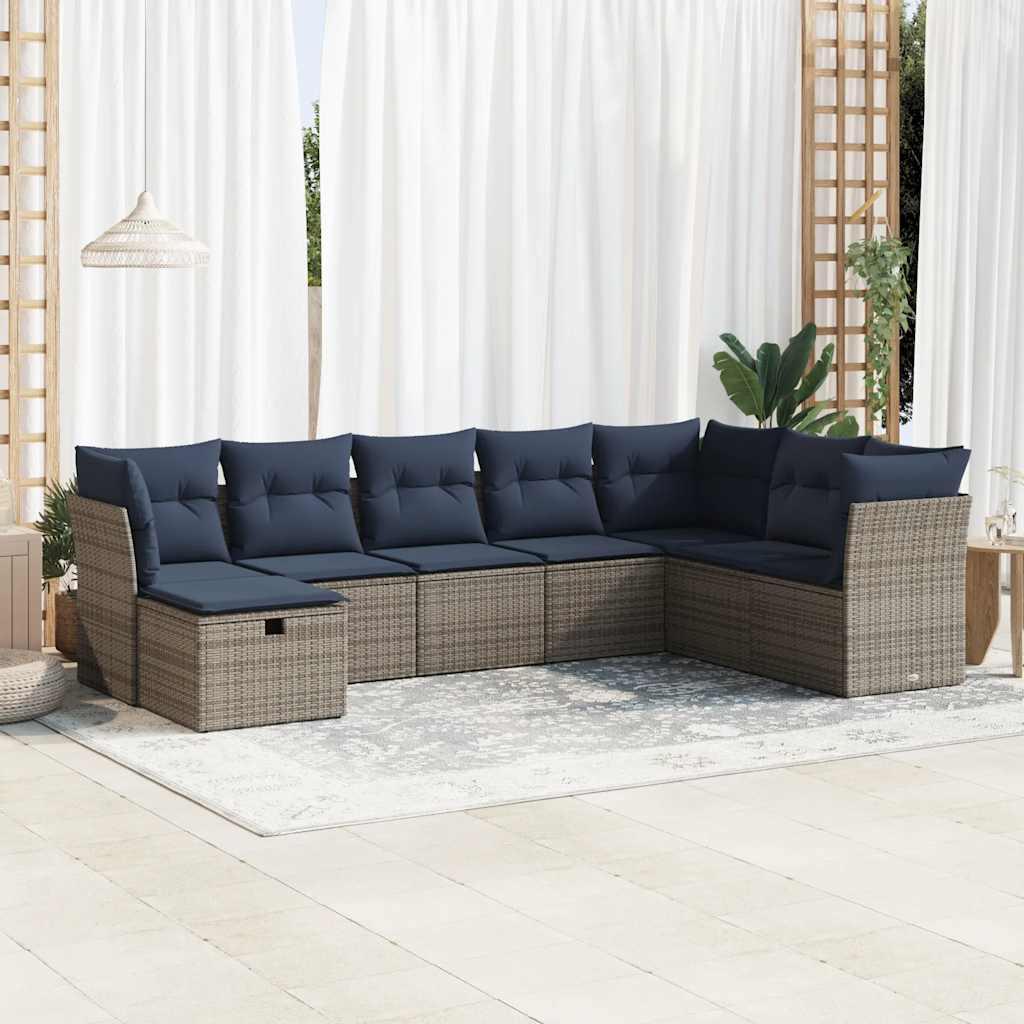 Havesofasæt i polyrattan, 8 dele med hynder - grå/marineblå