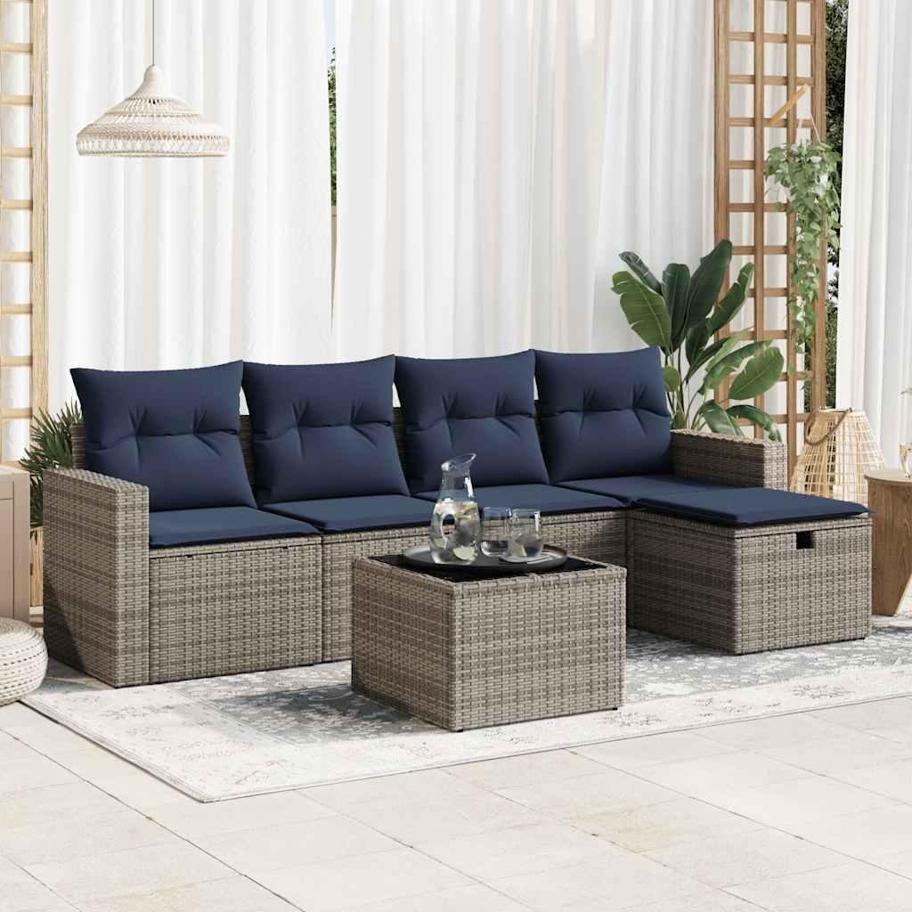 Havesofasæt i polyrattan - 6 dele med hynder, grå/marineblå