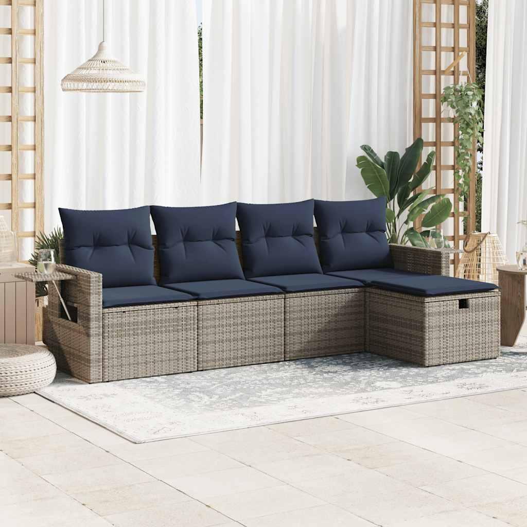 Sofasæt i polyrattan med opbevaring - 5 dele, grå/marineblå hynder