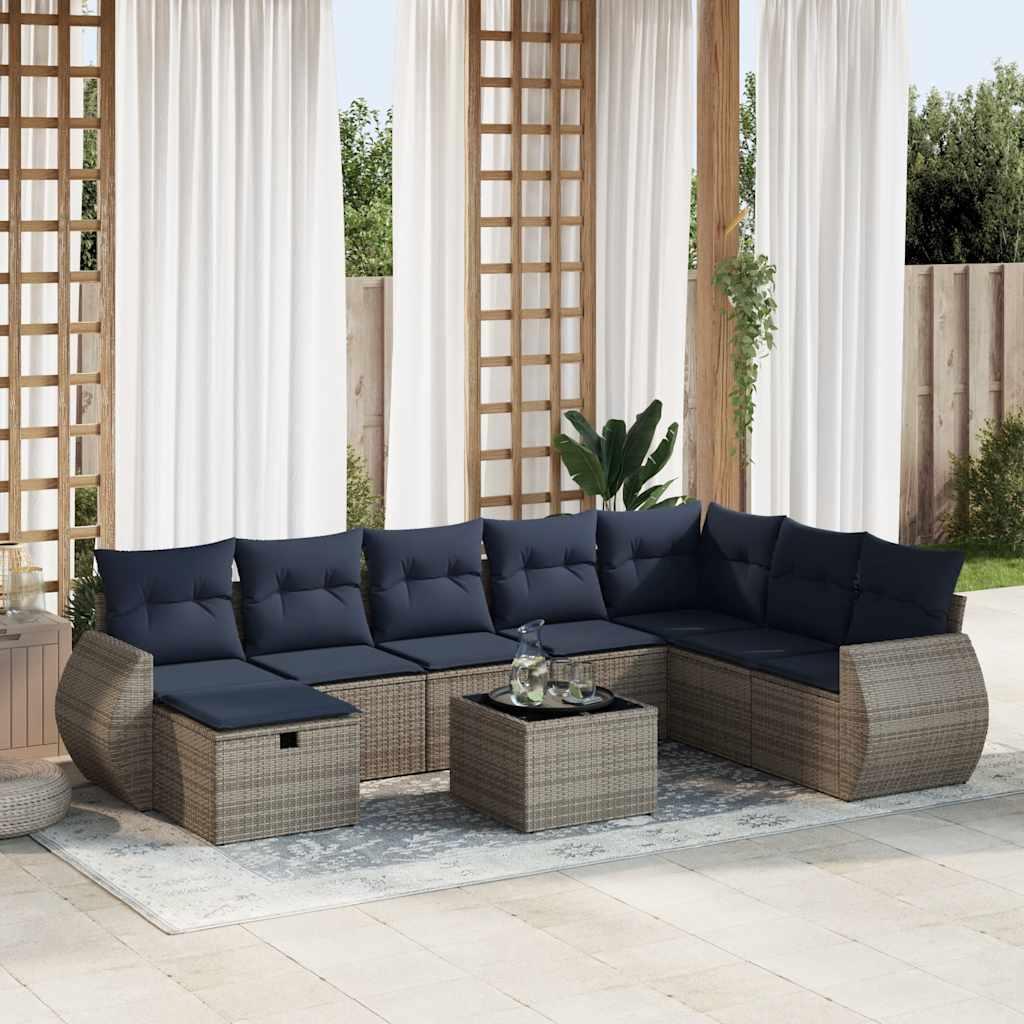 Havesofasæt i polyrattan - 9 dele med marineblå hynder, grå