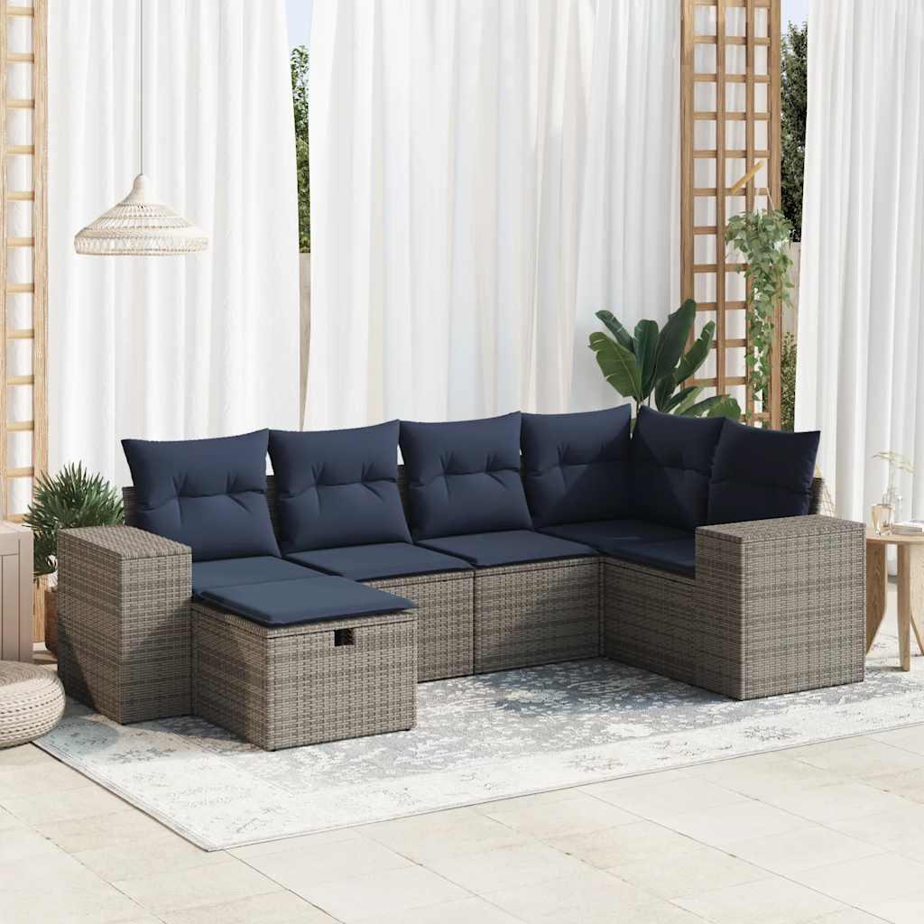 Havesofasæt i polyrattan - 6 dele med marineblå hynder, grå