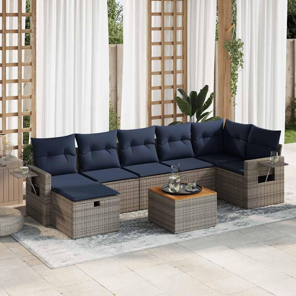 Sofasæt til haven i polyrattan - 8 dele med hynder, grå/marineblå