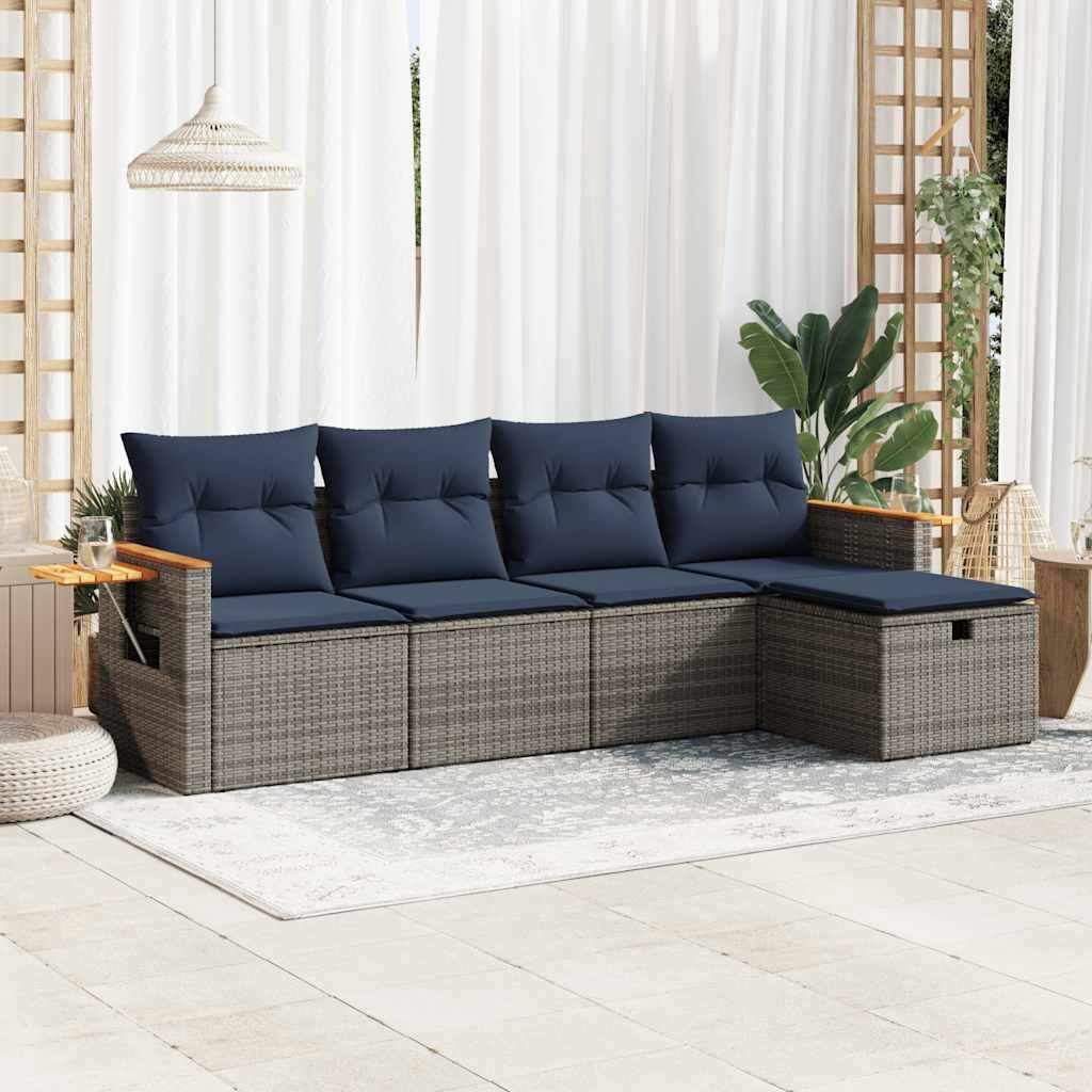 Sofasæt i polyrattan - 5 dele med opbevaring og hynder, grå/marineblå