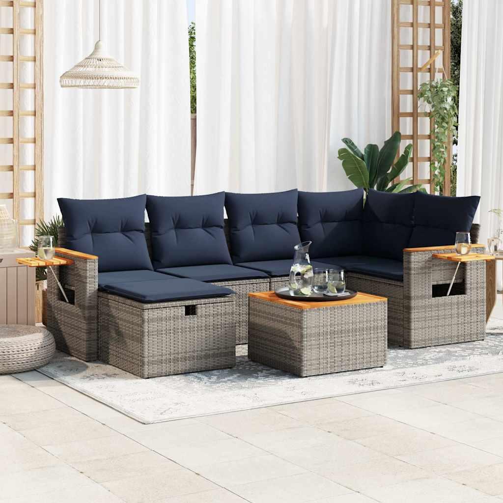 Havesofasæt i polyrattan, 7 dele med hynder - grå/marineblå