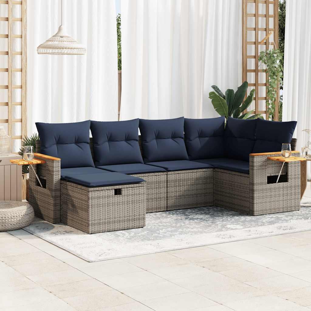 Havesofasæt i polyrattan - 6 dele med opbevaring, grå/marineblå