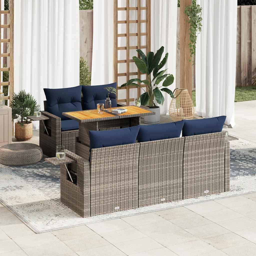 Sofasæt til haven i polyrattan - 6 dele med hynder, grå/marineblå