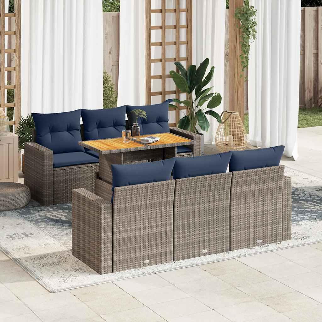 Havesofasæt i polyrattan, 7 dele med hynder - grå/marineblå