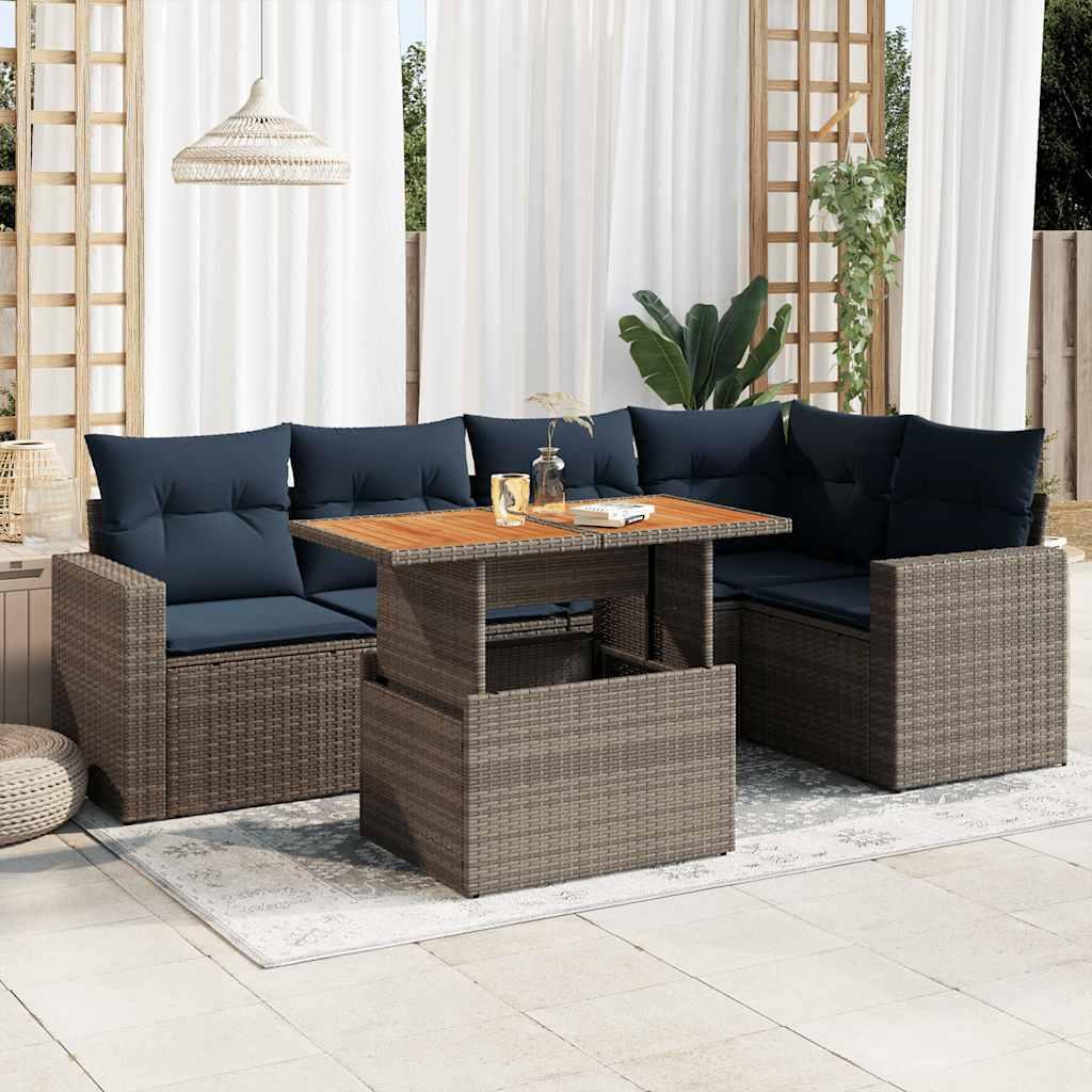 Havesofasæt i polyrattan - 6 dele med hynder, grå/marineblå