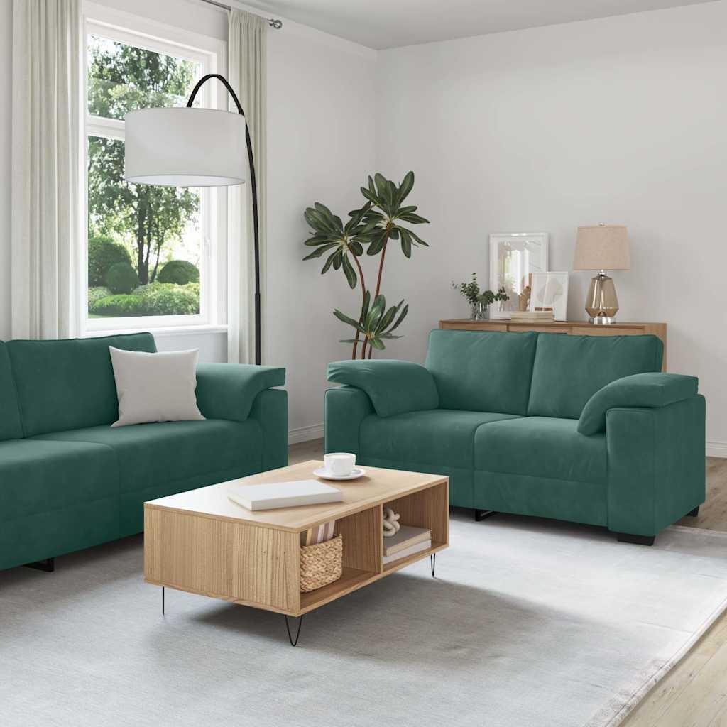 SofasÃ¦t 3 dele med hynder velour mÃ¸rkegrÃ¸n