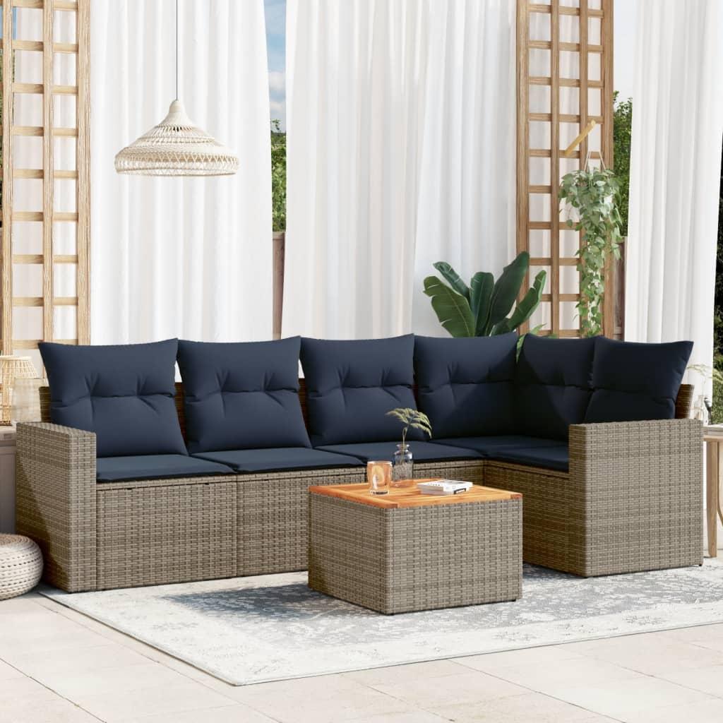 Sofaesæt til Haven 6 Dele med Hynder Polyrattan Grå - hjørnedel + 2x midterdel + bord + 2x Sofa