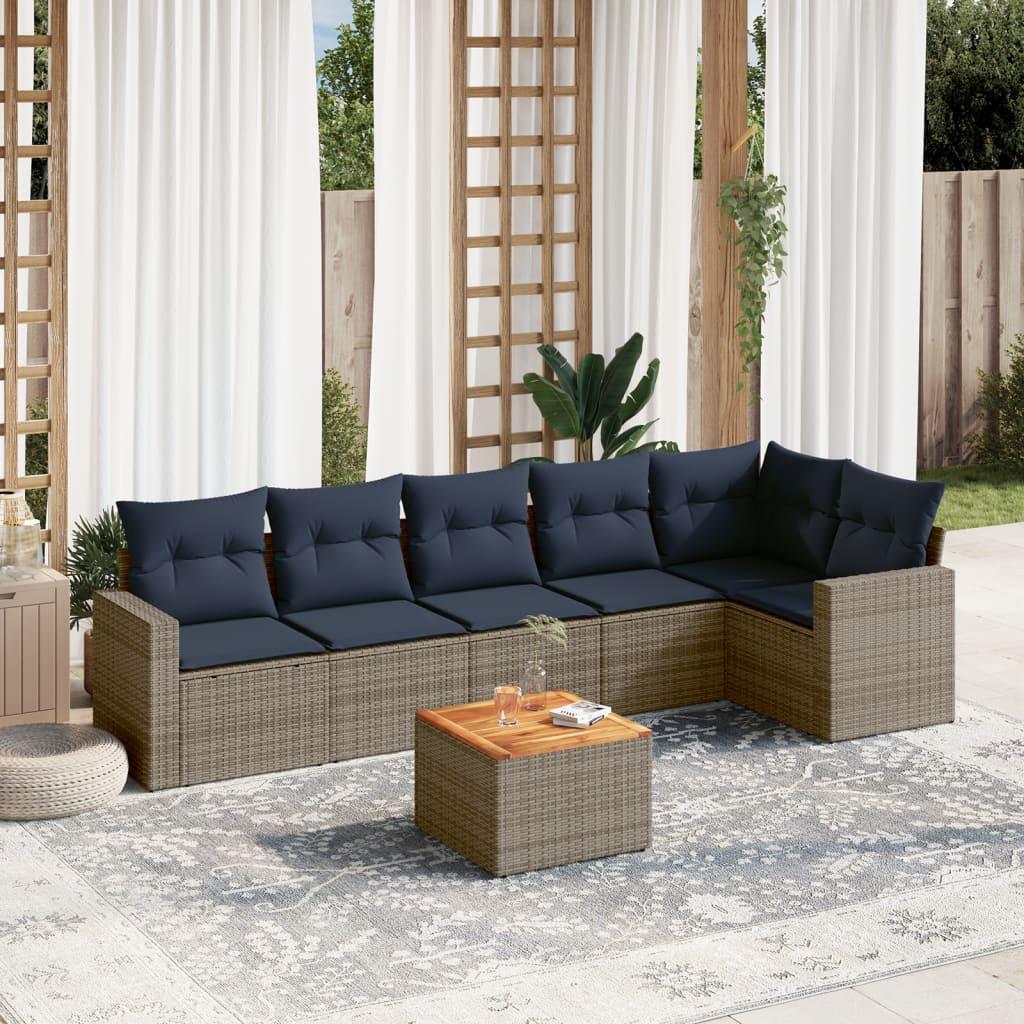 Sofaesæt til Haven 7 Dele med Hynder Polyrattan Grå - hjørnedel + 2x Sofa + 3x midterdel + bord