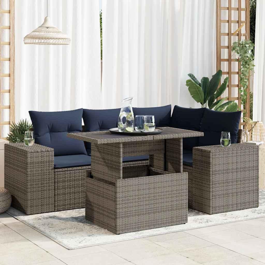 Sofasæt til haven i polyrattan - 5 dele med hynder, grå/marineblå