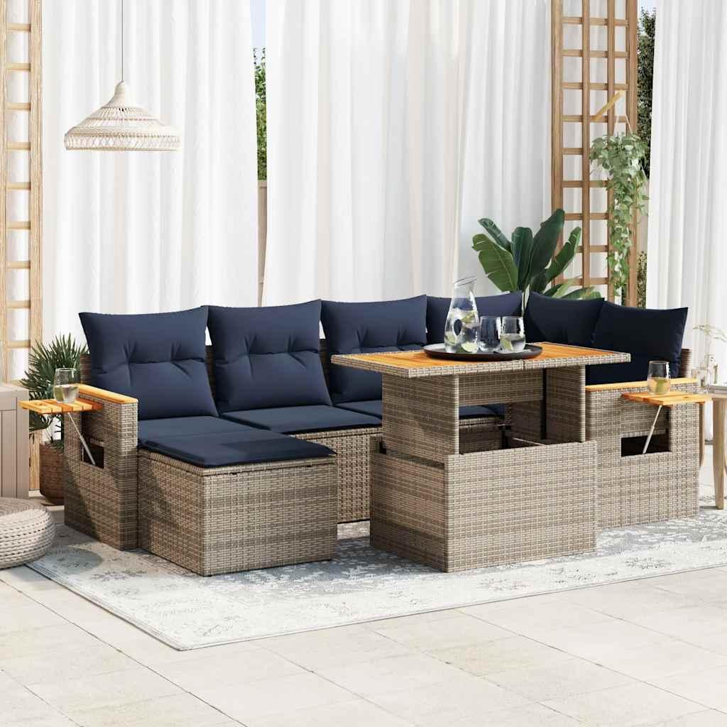 Sofasæt til haven - 7 dele med hynder i polyrattan og akacietræ, sort/blå