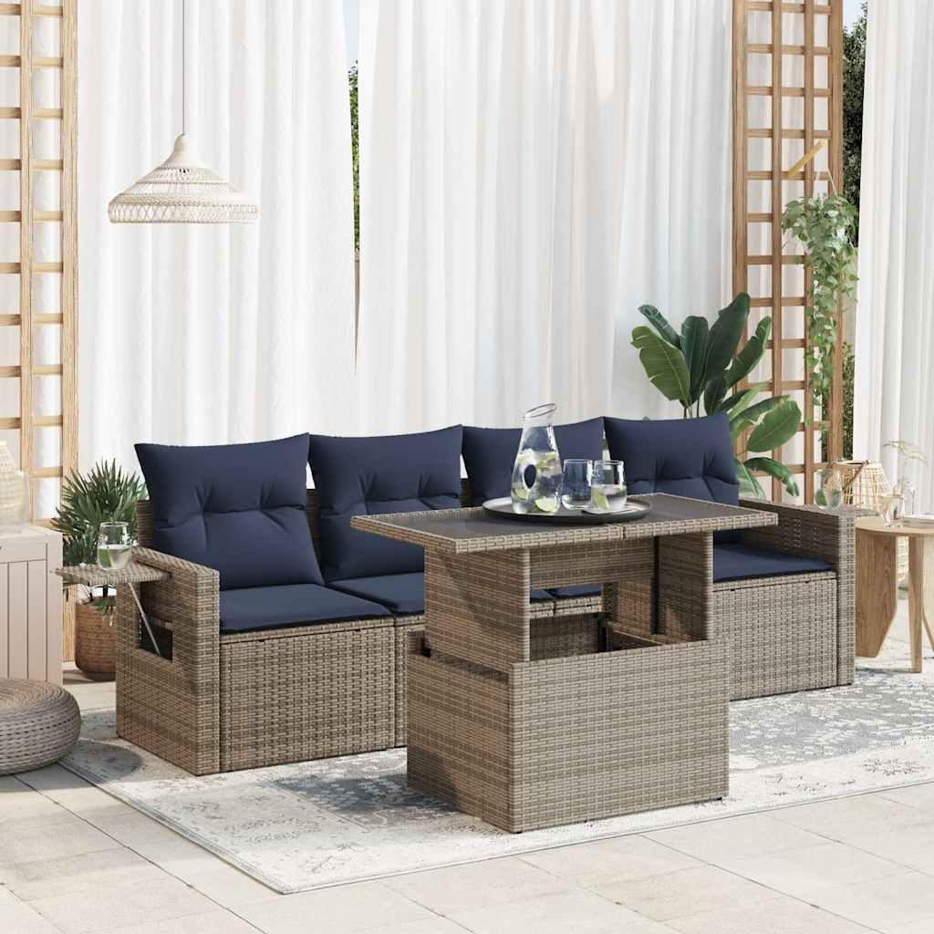 Sofasæt til haven i polyrattan, 5 dele med hynder - grå/marineblå