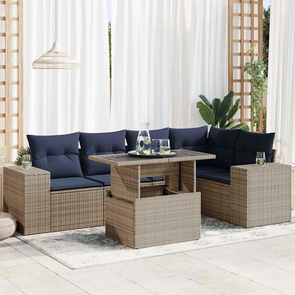 Sofasæt til haven - 6 dele med hynder, polyrattan, blå hynder, grå stel