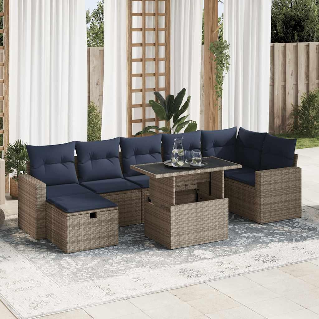 Sofasæt til haven i polyrattan - 8 dele med hynder, grå/marineblå