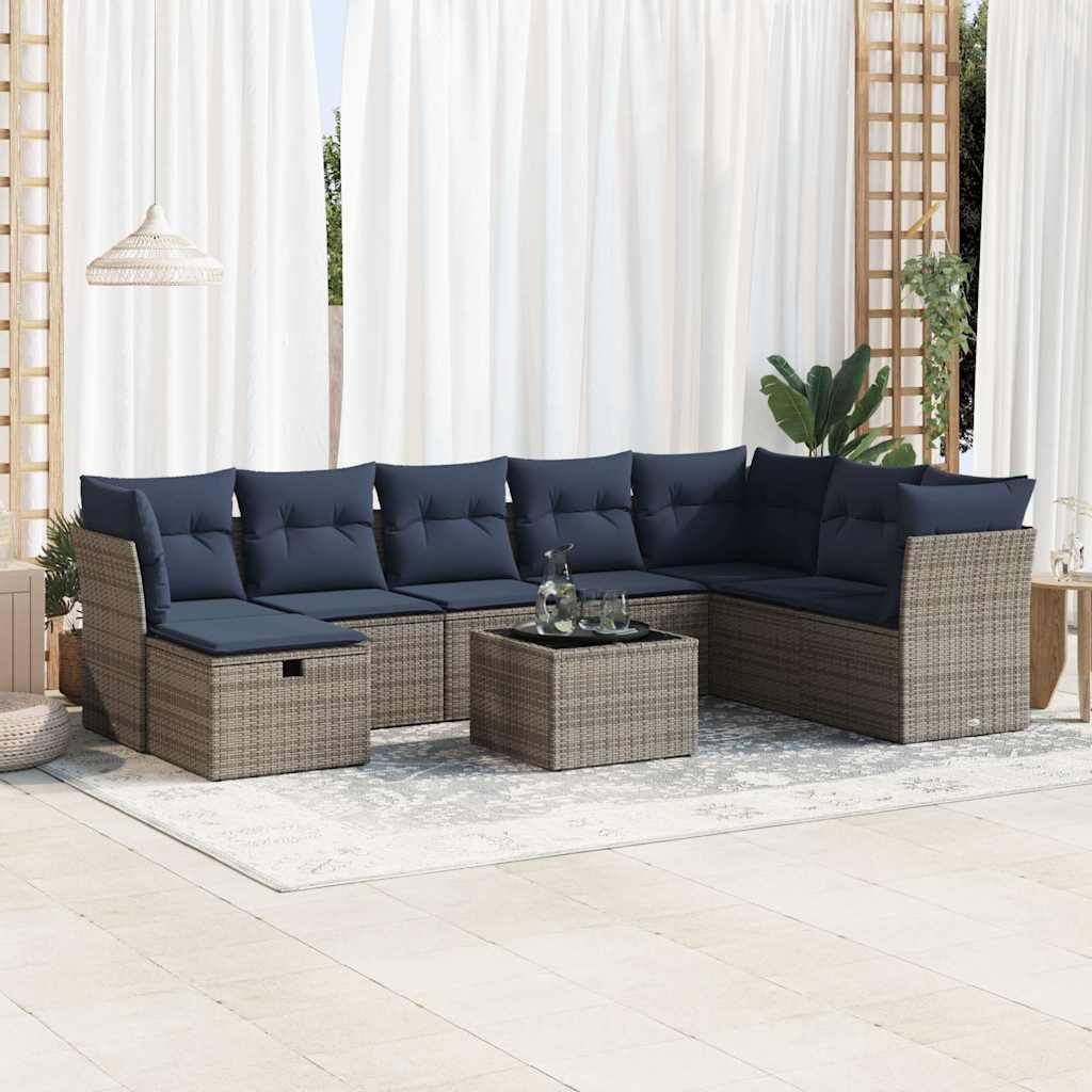 Havesofasæt i polyrattan - 9 dele med marineblå hynder, grå