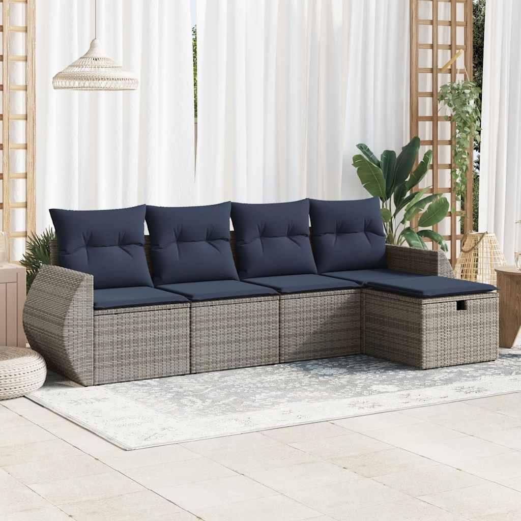 Sofasæt i polyrattan - 5 dele med opbevaring, grå/marineblå