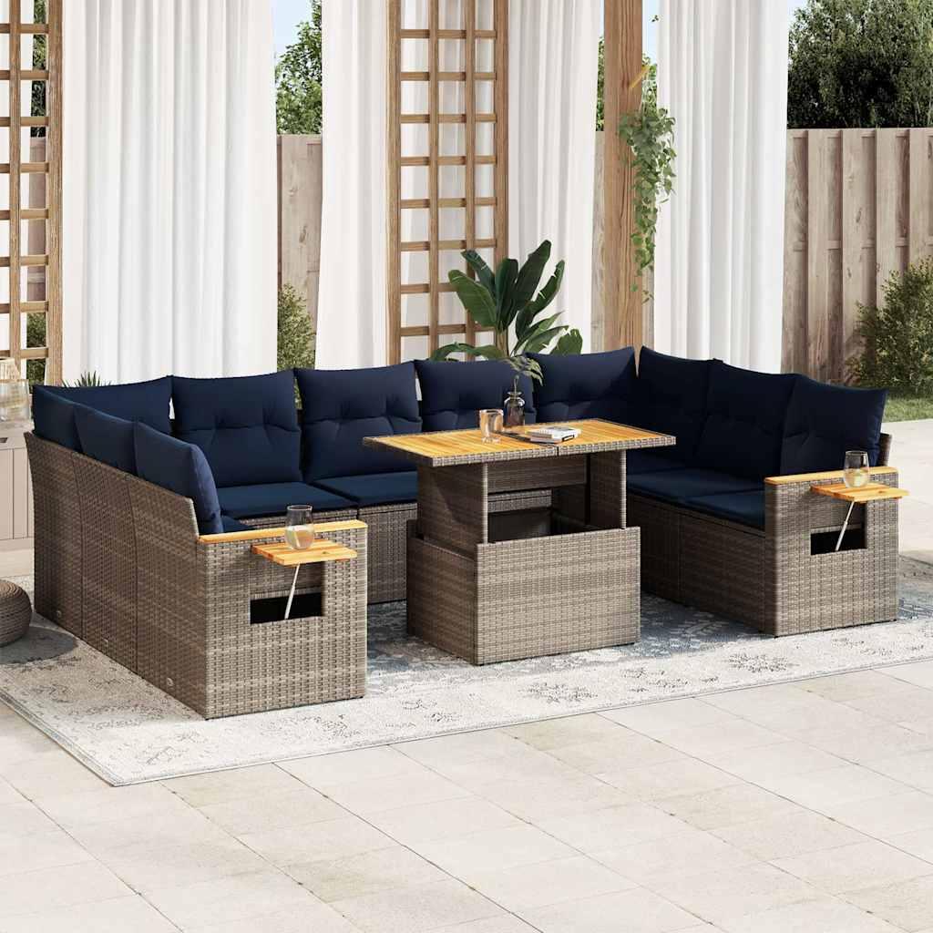 Havesofasæt i polyrattan med akacietræ, 10 dele - grå/marineblå hynder