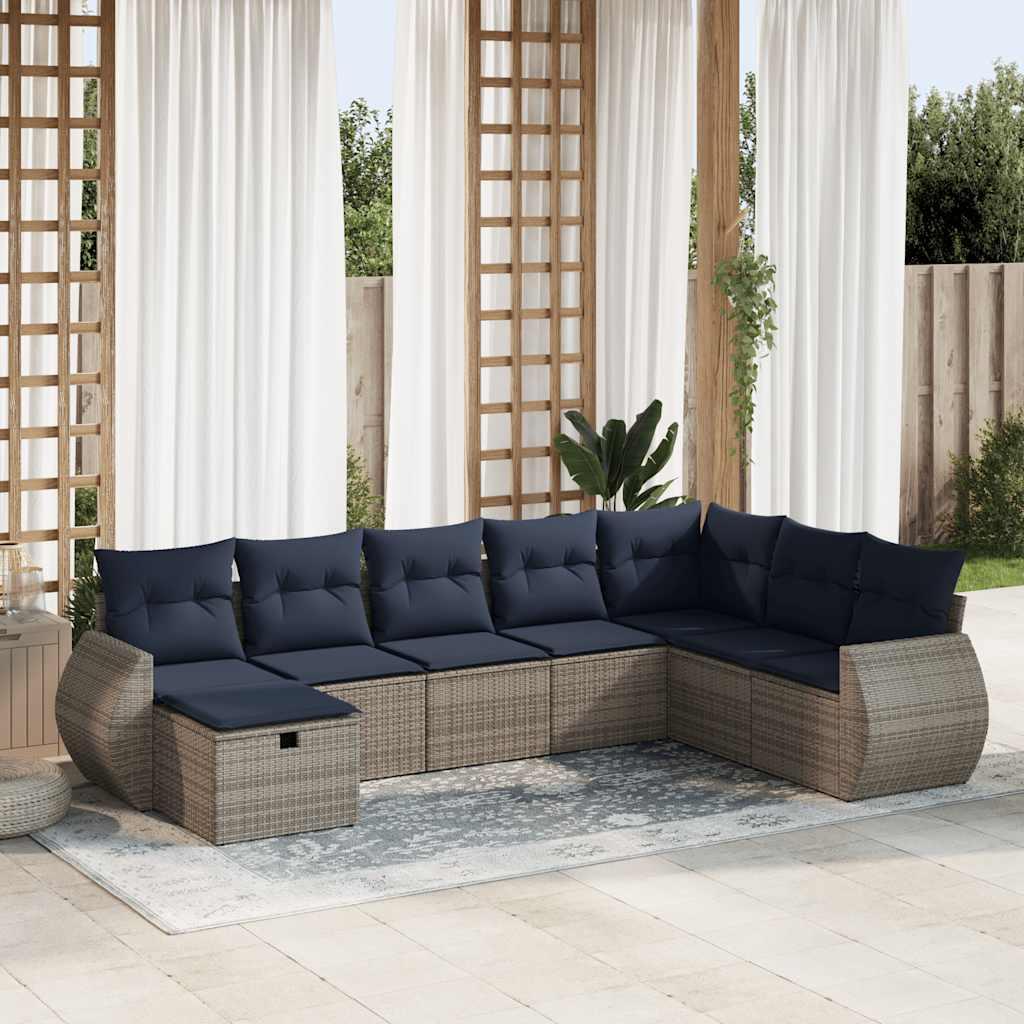Havesofasæt i polyrattan - 8 dele med opbevaring, grå/marineblå